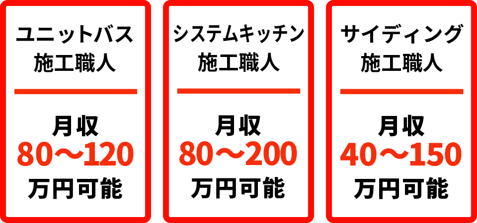 ユニットバス施工職人 月収80～120万円可能 / システムキッチン施工職人 月収80～200万円可能 / 住設機器施工業者 高収入 高稼働 保証